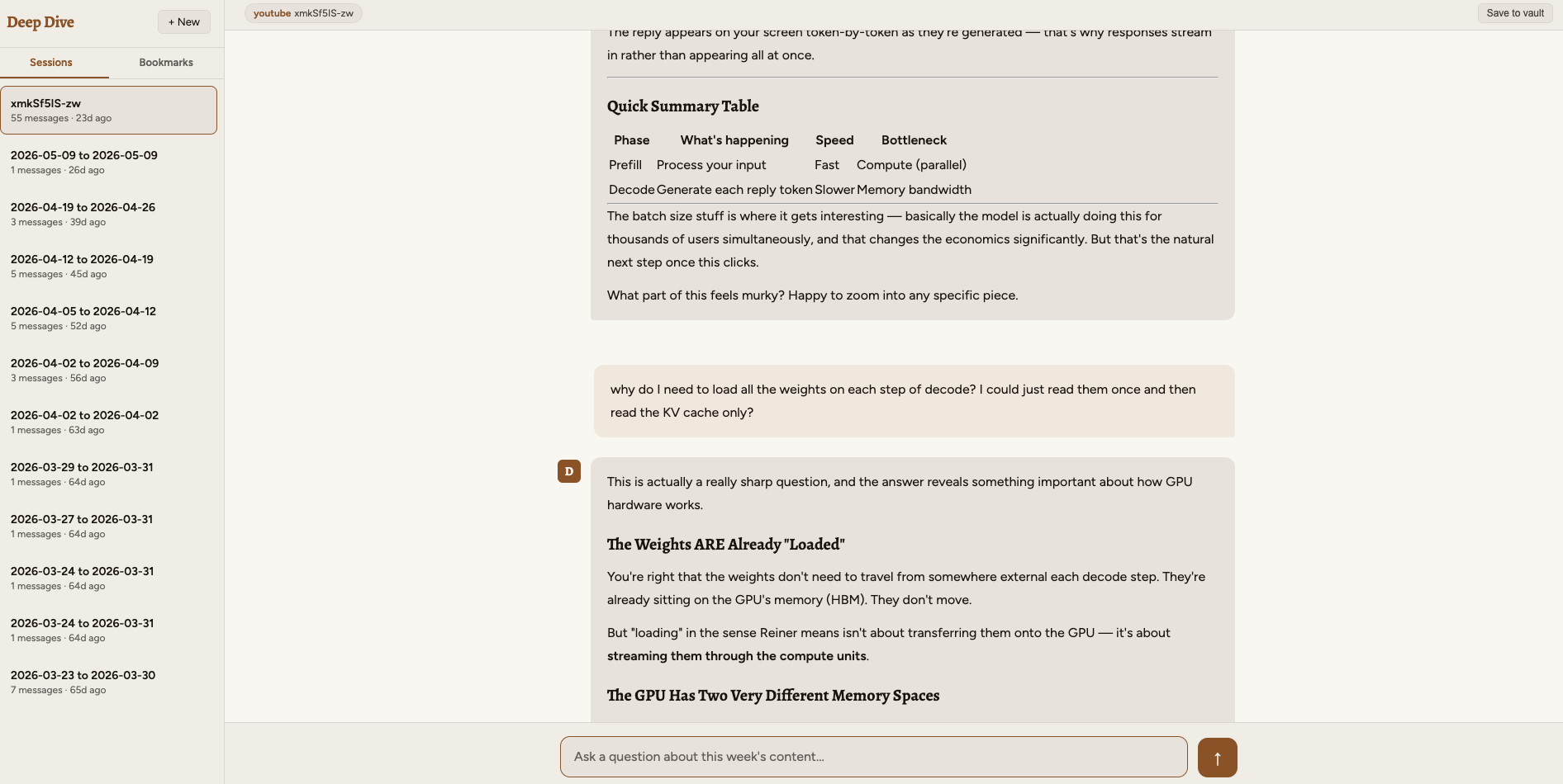 Deep Dive — a consolidated summary with a quick-reference table, then a back-and-forth to dig into the detail