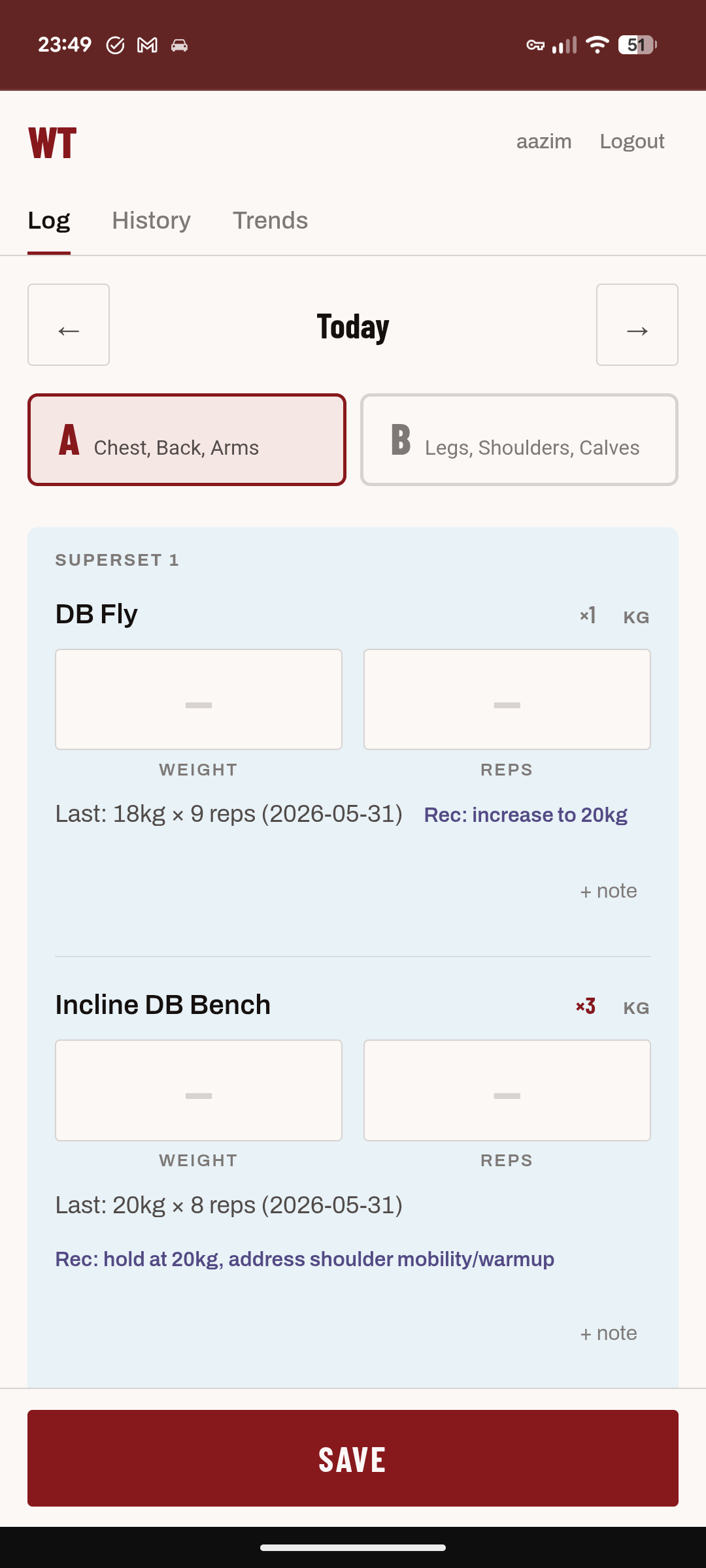 Workout tracker — today's session screen